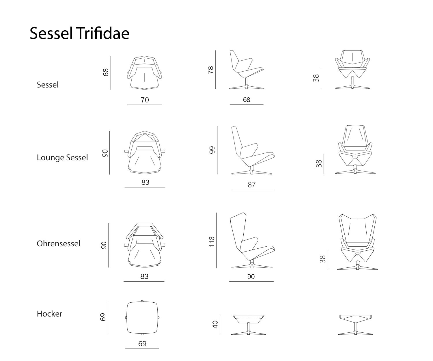 Prostoria Fauteuil Trifidae Collectie Afmetingen Schets Maten