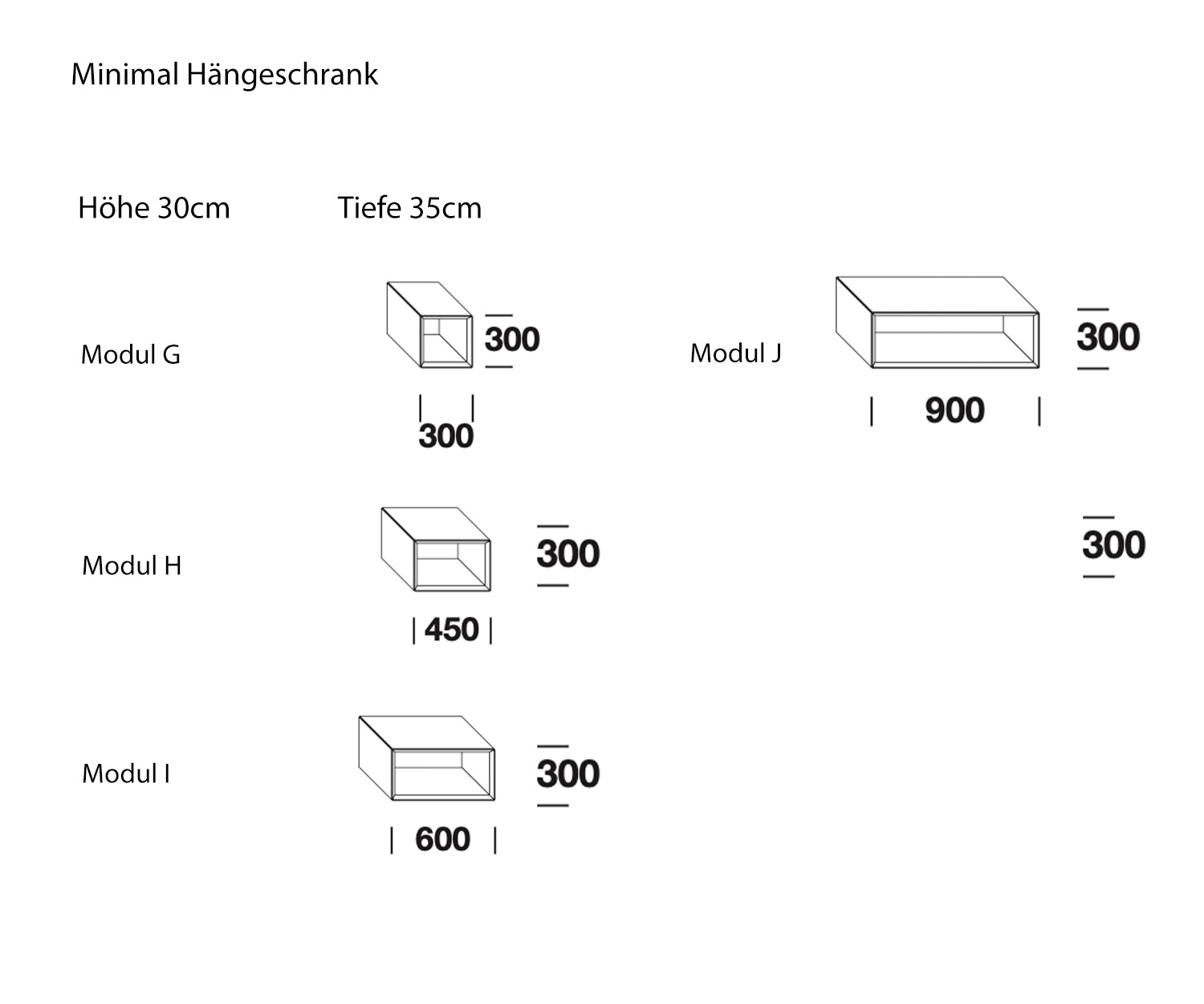 Design wandmeubel open Hoogte 30 cm Schets Afmetingen