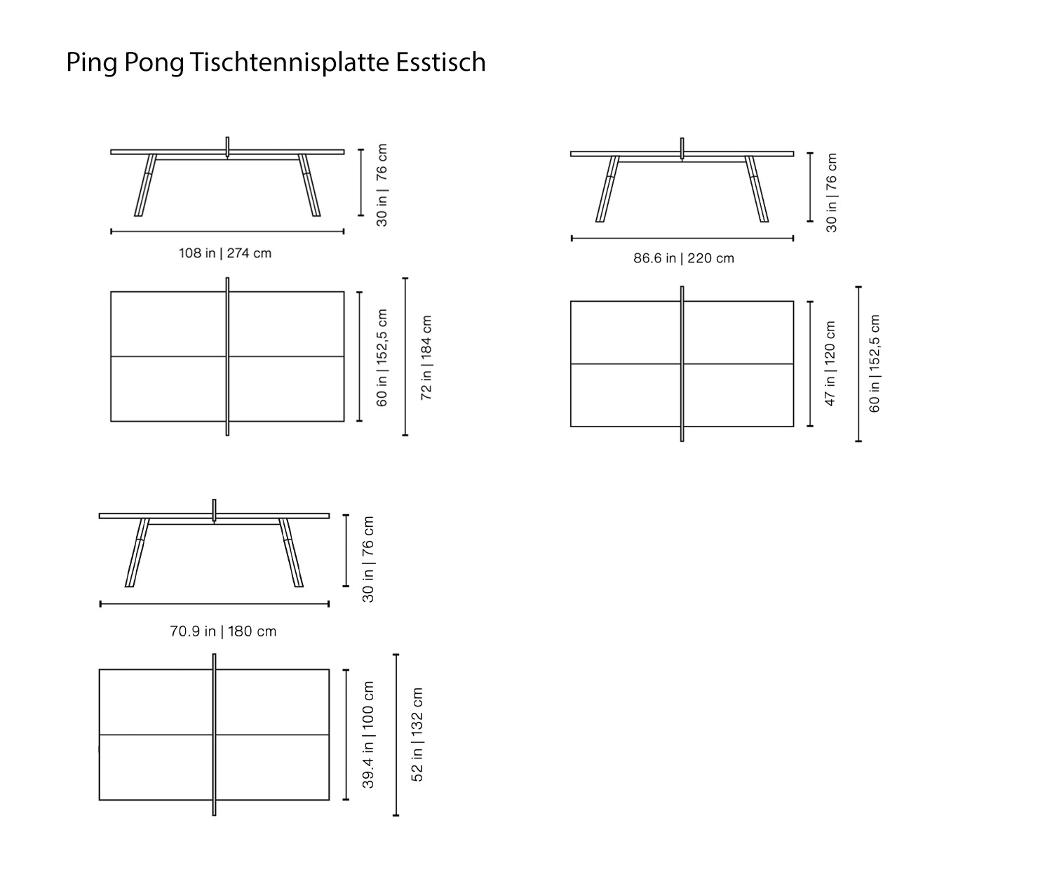 Table de salle à manger design Table de ping-pong de RS Barcelona Croquis Dimensions Dimensions