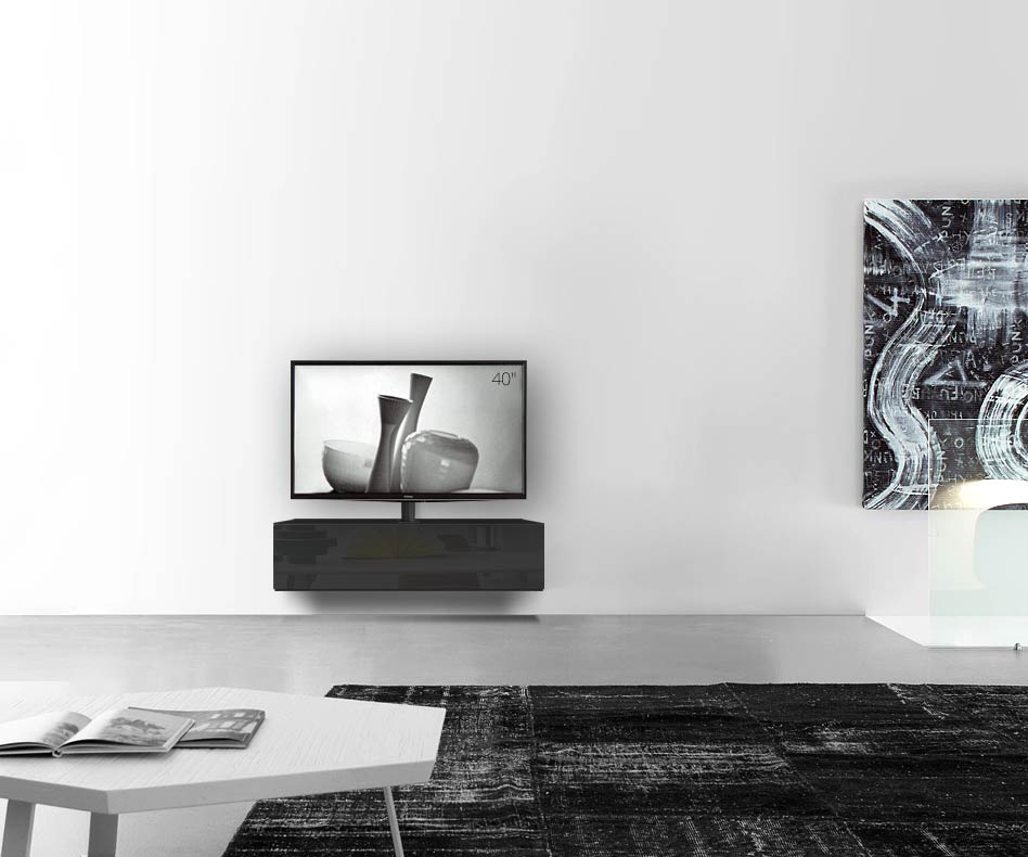 Table basse design Configurateur avec support TV mural Largeur 120 32 45 milieu noir brillant