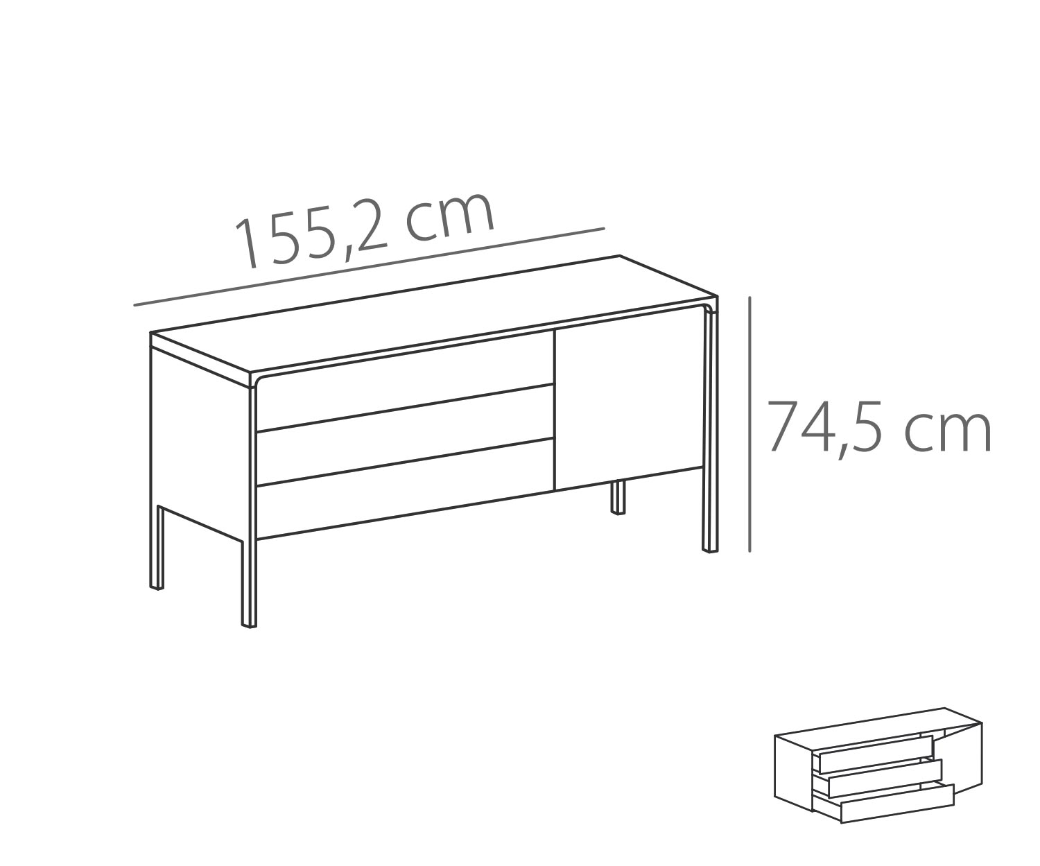 Punt Dressoir Tactiel Walnoot Wit Tactiel B 155 3 laden + 1 deur Schets