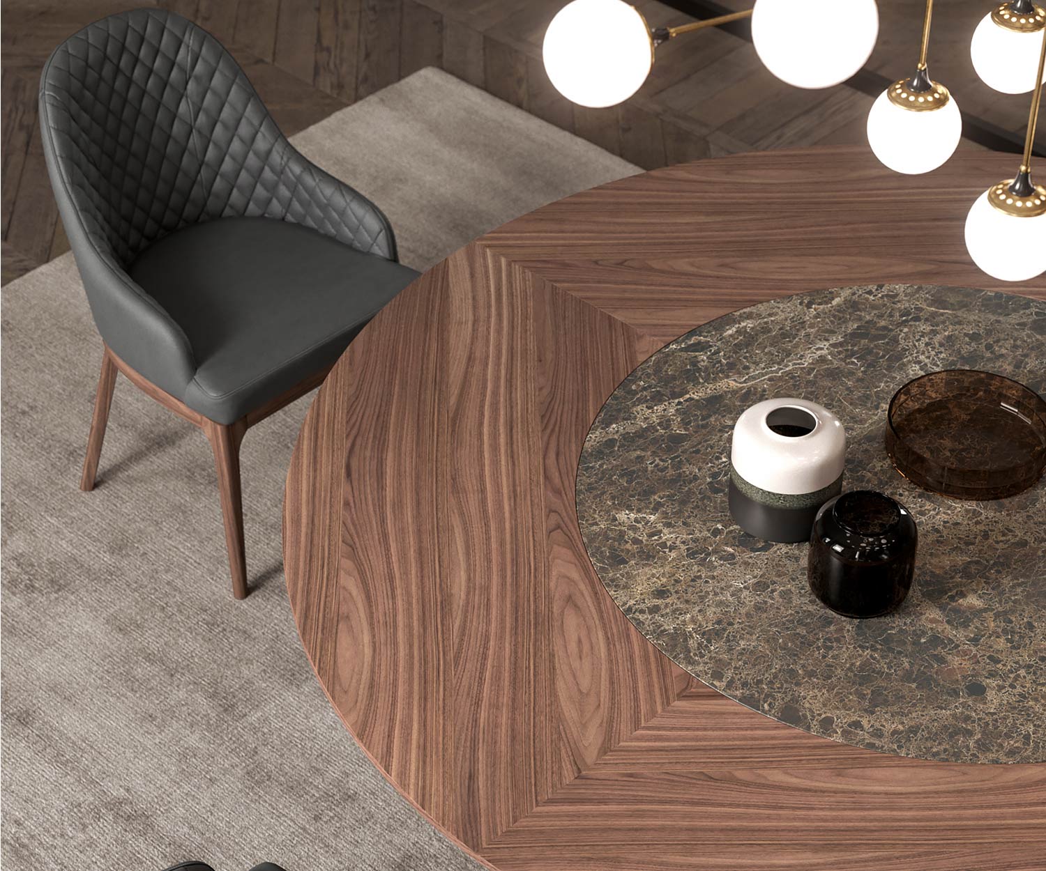 Design eettafel detail rond tafelblad met walnoot Emperador glaskeramiek