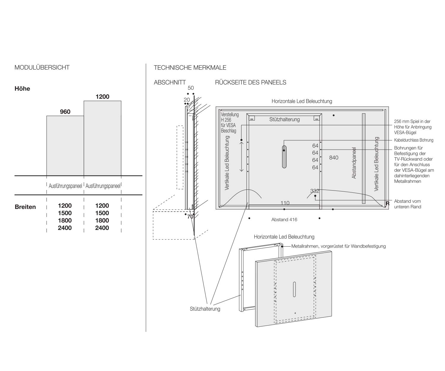 TV design wandpaneel 120 150 180 240 cm breed Afmetingen Schets Maten