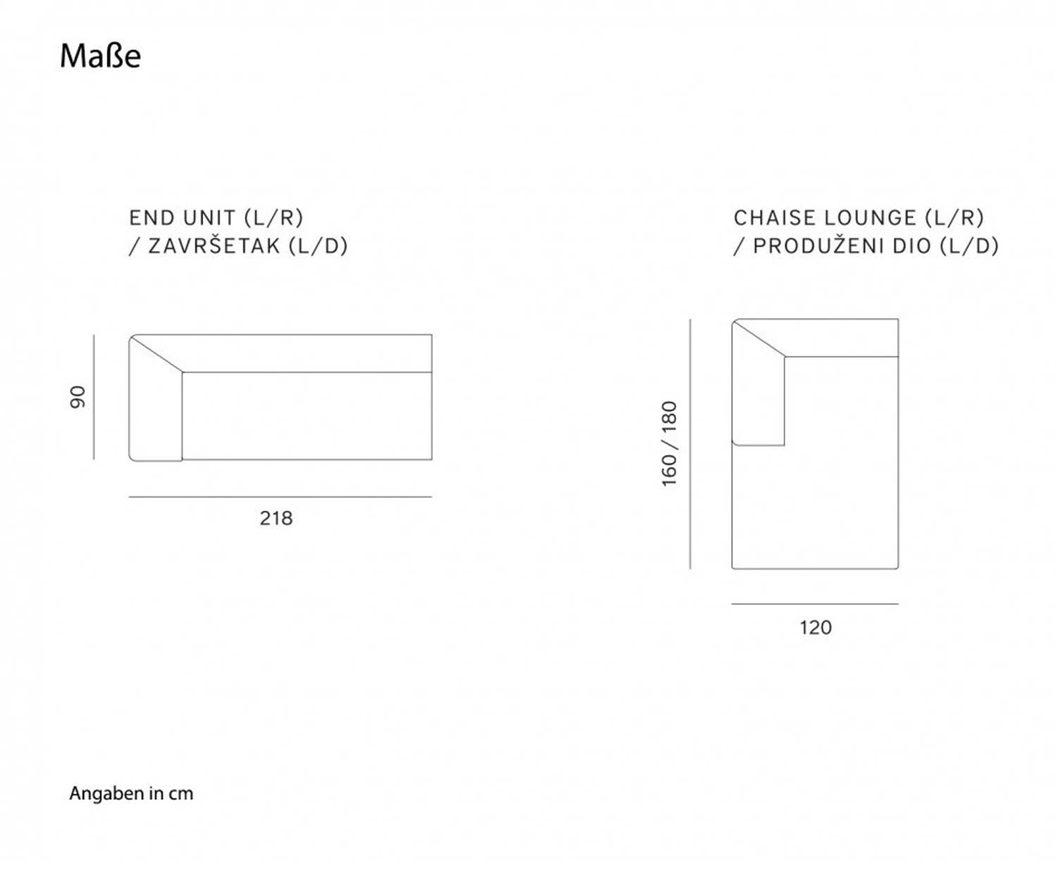 Prostoria Seam Canapé d'angle avec chaise longue Dimensions Dimensions en cm